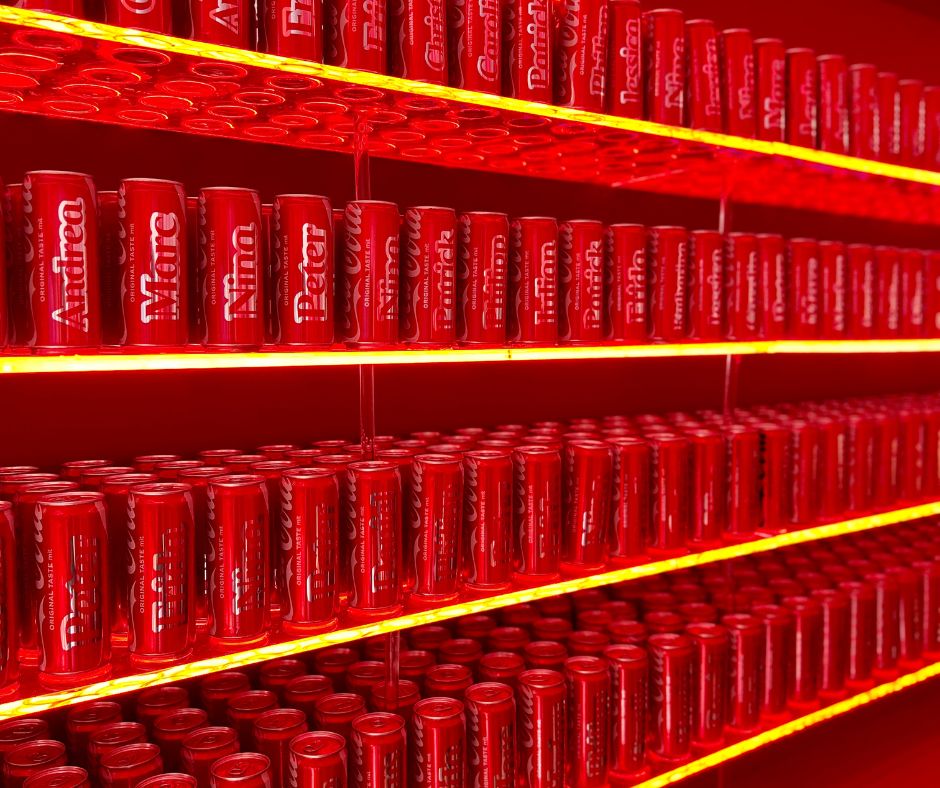 rote personalisierte Coca Cola Dosen im Regal